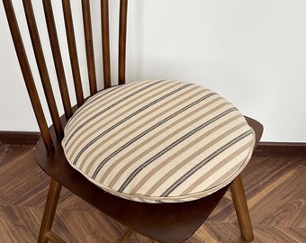 Brown Strip Cotton Linen Rolled Edge Chair Cushion Round Stool Seat Cushion, Custom , 2' Thick Memory Foam Back Cushion with Binding Strap.