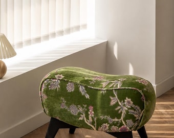 Vintage Olive Green Floral Velvet Ottoman | Mid-Century Accent Footstool with Metal Legs