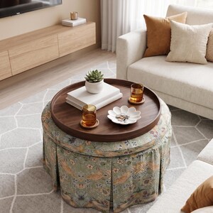 May include: A round upholstered ottoman featuring a pleated skirt with a light green floral and bird pattern. A circular dark wood tray sits on top, holding two amber glasses, a white succulent planter, stacked books, and a white flower-shaped dish.
