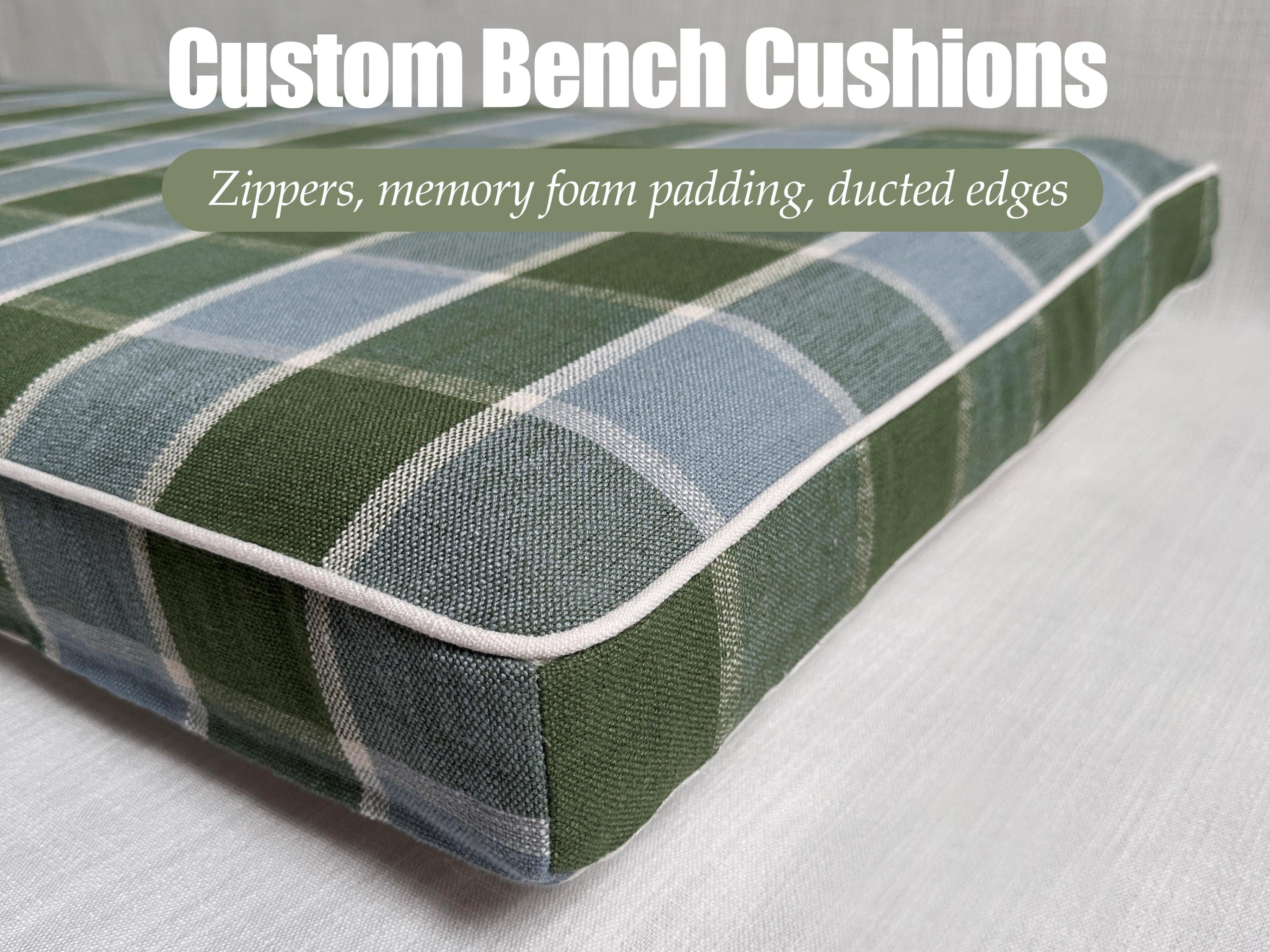 Green check pattern cushions, cotton window cushions, indoor cushions, upholstered foam cushions, cushions in customised shapes and sizes.