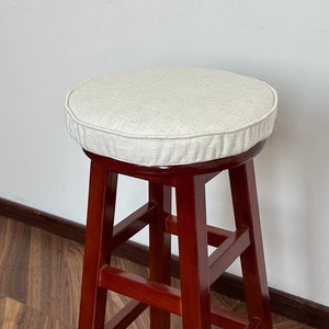 Beige Linen Chair Cushion, White Round Stool Seat Cushion, Custom Size, 2’ Thick Memory Foam Back Cushion with Ties and Removable Cover