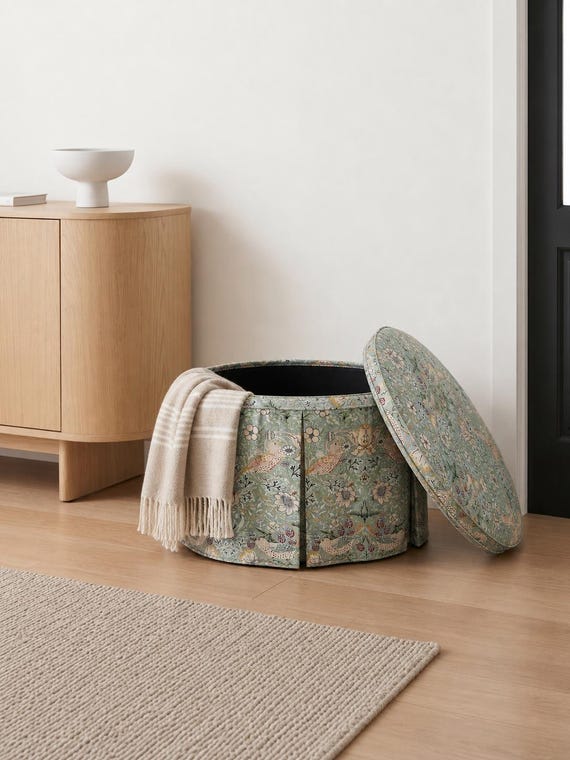 Skirted Round Storage Ottoman Slipcover,  Floral Bird Print, Custom Pleated Cylinder Stool Cover