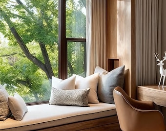 Ecru Linen Bench Cushion with Black Piping,Handmade Nook Cushion,Custom Window Seat Cushions