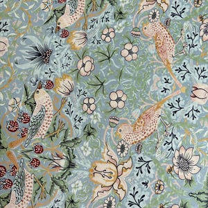 May include: A light blue fabric featuring a repeating pattern of birds, strawberries, and flowers. The birds are depicted in shades of tan and brown, while the strawberries are red and the flowers are pale pink with green foliage and vines.