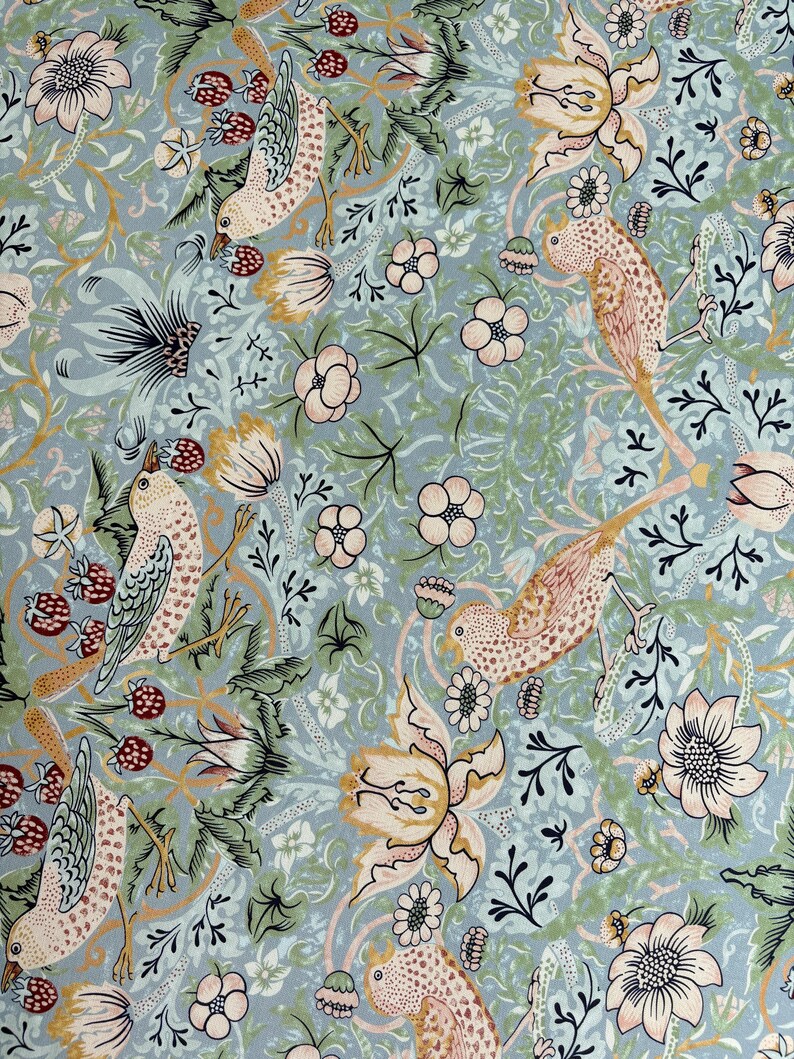 May include: A light blue fabric featuring a repeating pattern of birds, strawberries, and flowers. The birds are depicted in shades of tan and brown, while the strawberries are red and the flowers are pale pink with green foliage and vines.