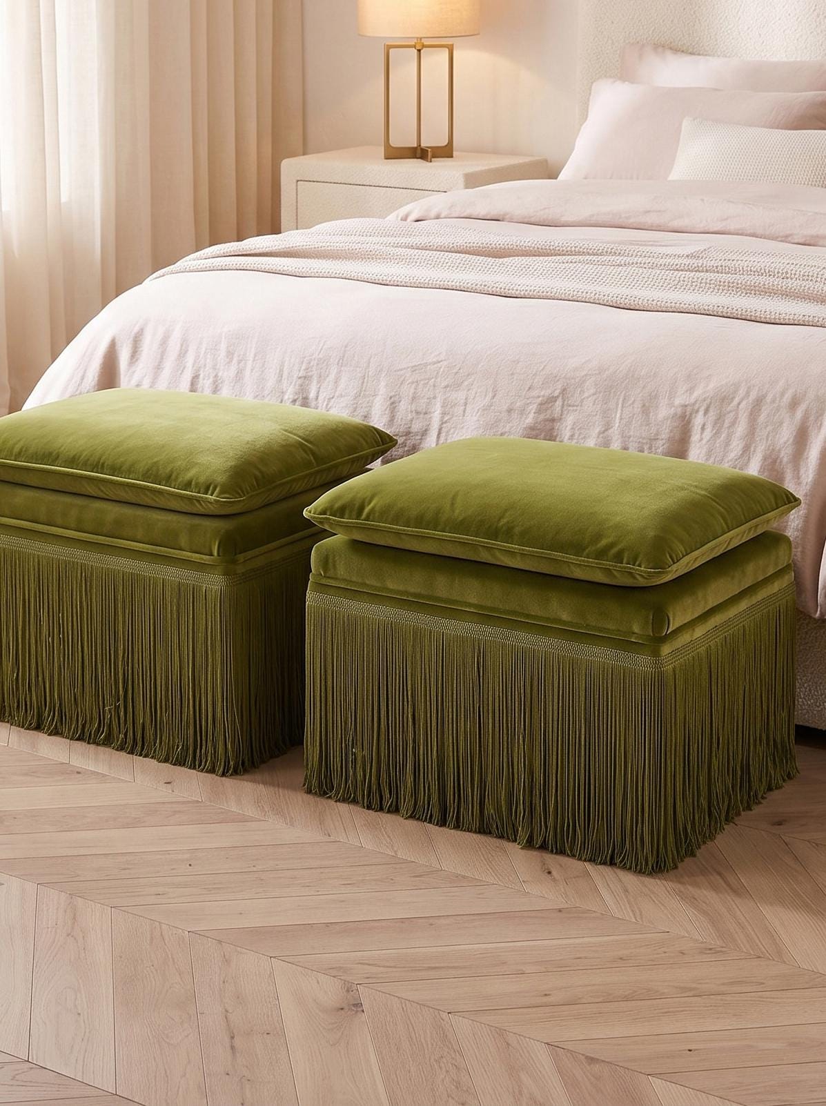 Modern Luxury Square Tassel Stool Set, Washable Fabric Ottoman, Multi-purpose Stool for Bedroom, Entryway, Vanity