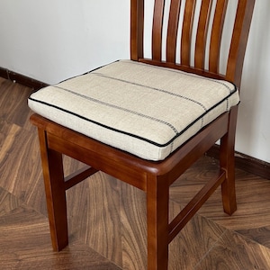 Black Stripe Patterned Linen Chair Cushion with Piping, Custom Sized, 2&quot; Thick Memory Foam Seat Cushion with Ties and Removable Cover