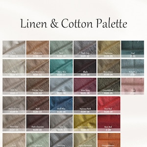 May include: A Linen & Cotton Palette color chart featuring a grid of fabric swatches in various shades including ivory, yellow, mint, gray, teal, beige, blue, black, green, pink, brown, red, and yellow, each labeled with a specific color name and code.