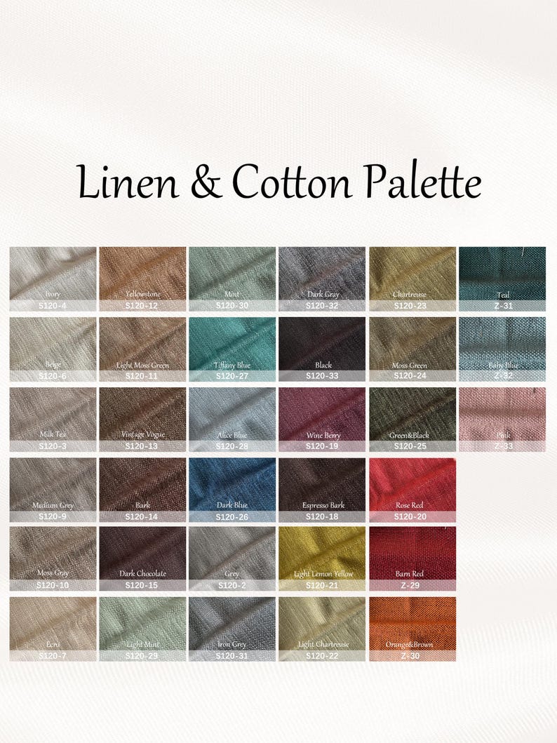 May include: A Linen & Cotton Palette color chart featuring a grid of fabric swatches in various shades including ivory, yellow, mint, gray, teal, beige, blue, black, green, pink, brown, red, and yellow, each labeled with a specific color name and code.