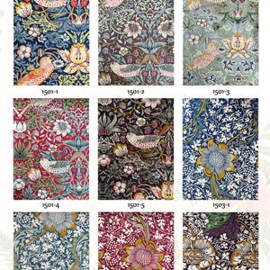 May include: A collection of nine fabric swatches labeled Garden, featuring intricate botanical and bird patterns. Designs include birds with strawberries, large floral blooms, and dense foliage in color palettes of blue, red, brown, and green.