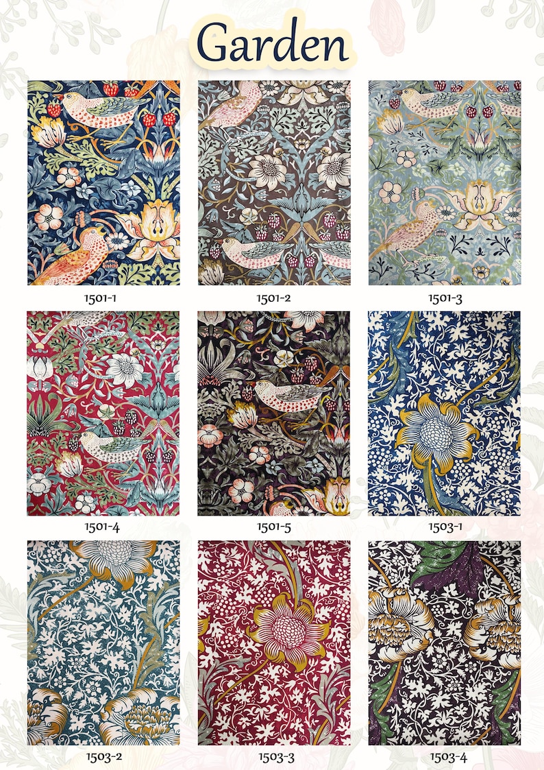 May include: A collection of nine fabric swatches labeled Garden, featuring intricate botanical and bird patterns. Designs include birds with strawberries, large floral blooms, and dense foliage in color palettes of blue, red, brown, and green.