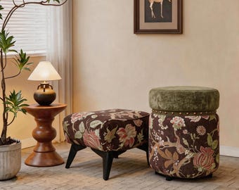 Juego de otomanas vintage de chenilla con estampado floral marrón oscuro / Taburetes redondos y con forma de riñón con patas de metal