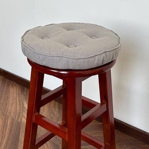 French Grey Linen Chair Cushion, Button Round Stool Seat Cushion, Custom Size, 2&#39; Thick Memory Foam Back Cushion with Ties.