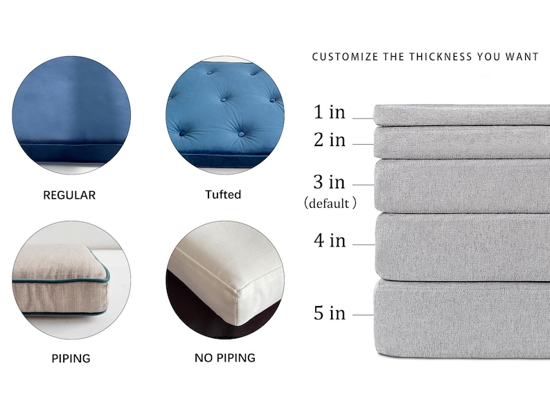 May include: A set of cushion customization options showing a blue regular cushion, a blue tufted cushion, a beige cushion with piping, and a white cushion without piping. A stack of five gray cushions displays thickness options from 1 in to 5 in.
