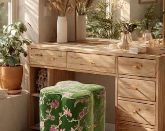 Olive Green Floral Jacquard Velvet Stool, Vintage Pink Branch Print Vanity Ottoman, Curved Clover Shaped Upholstered Footrest