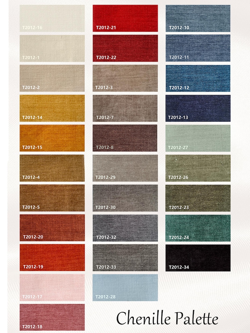 May include: A color palette chart displaying various fabric swatches in a grid layout. Each rectangular swatch features a unique color and a corresponding alphanumeric code, such as T2012-16 or T2012-34. The text Chenille Palette is printed at the bottom.