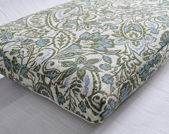 Blue Green Floral Embroidered Cushion,Cotton Window Seat Cushion,Indoor Cushion,Foam Filled Cushion,Custom Shape and Size Cushion