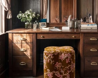 Vintage Floral Velvet Ottoman Stool, Mustard Gold Jacquard Floral Vanity Stool, Curved Upholstered Footstool