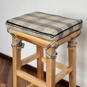Linen striped stool cushion with piping, black seat cushion, custom sized, 2&quot; thick memory foam cushion with ties and removable cover