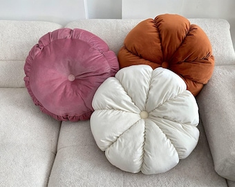 Pleated Flower Cushion, Decorative Round Pillow, Handmade Home Decor