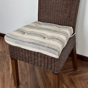 Stripe Pattern Linen Button Chair Cushion,Beige Seat Cushion,Custom Sizes,2&quot; Thick Memory Foam Cushion with Ties and Removable Cover