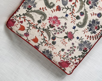 Floral Cushion with Red Piping,Cotton Window Seat Cushion,Indoor Cushion,Foam Filled Cushion,Custom Shape and Size Cushion