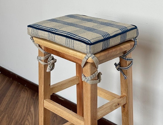 Beige Linen Striped Stool Seat Cushion With Piping Custom Size 2 Thick Memory Foam Seat Cushion With Ties and Removable Cover Etsy