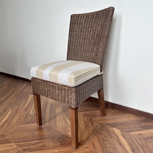 Striped Patterned Linen Chair Cushion with Piping, Beige Chair Cushion, Custom Size, 2’ Thick Memory Foam Chair Cushion with Ties