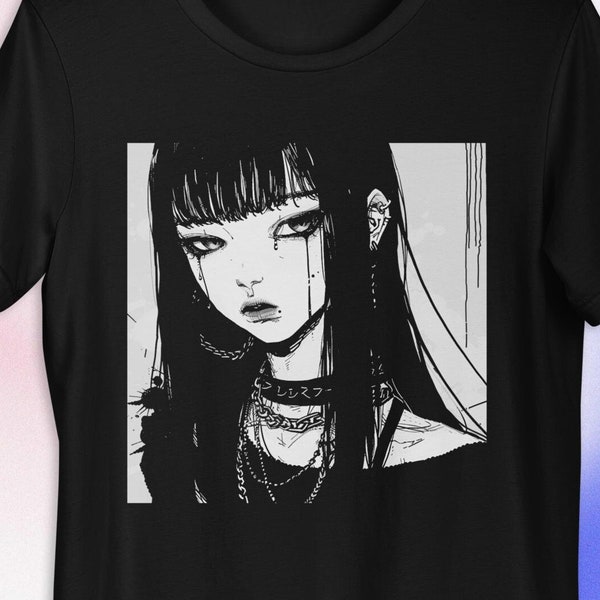 Grunge Manga Girl Unisex T-Shirt | B&W Anime Shirt | Harajuku Style | 90s Grunge | Japanese Streetwear
