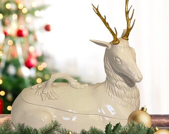 Vintage holiday stag or reindeer tureen by Mottahedeh Holiday table decoration or serving tureen with gold antlers