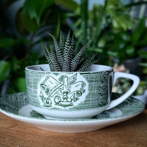 May include: A white ceramic teacup and saucer set featuring a green transferware pattern. The design depicts a candle, a quill pen, and a scroll. A small, spiky green succulent plant is potted inside the cup, which has a white handle.