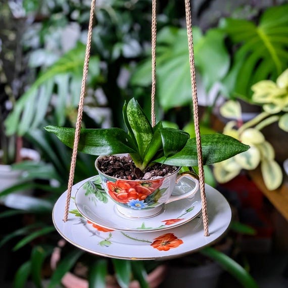 Upcycled Plant Hanger - Vintage China Plate Hanging Plant Stand,  Hand-Painted Poppy Floral Houseplant Decor, Sustainable Garden Accessories