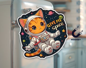 Autocollant/aimant chat astro dans l'espace - citation drôle « Donnez-moi de l'espace », décor félin cosmique, cadeau pour amoureux des chats galactiques