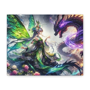 Wall Art, Fairy vs Dragon Matte Canvas, Stretched, 1 25&quot;, Fantasy Home Decor, Mythical Art Print, Magical Wall Hanging, Mythology
