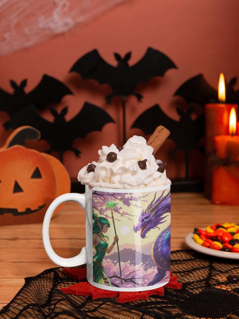 Fantasy Dragon & Fairy Ceramic Mug - Magical Gift for Coffee Lovers, Artisanal Mug for Home Décor, Unique Dragon Gift, Fantasy Collectible image 1