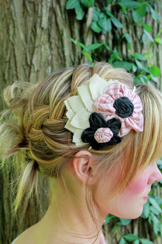 Items similar to Flower Cluster Headband Peach, Black and Tan on Etsy