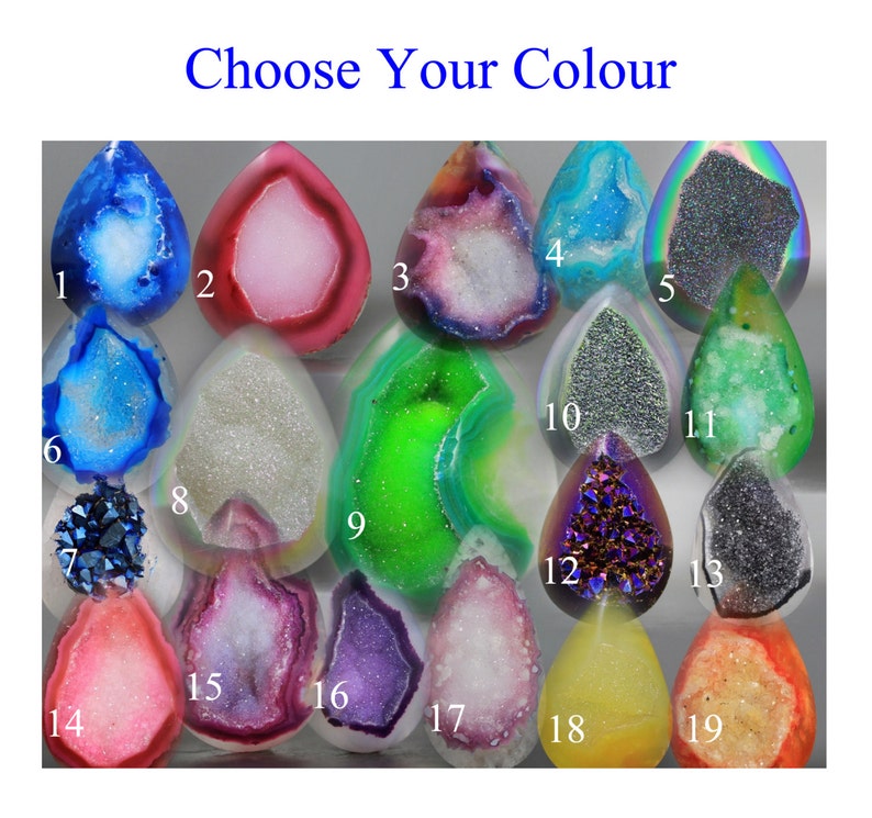May include: Choose Your Colour. Nineteen different agate gemstone cabochons in various colours and patterns, including blue, green, pink, purple, and white.