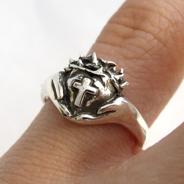 Crown of Thorns Claddagh Ring - Religious Silver Cross Ring - Celtic Jewelry - Christ - Faith Jewelry, Gift For Teens Rickson T182, No T 155