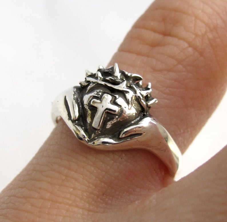 Crown of Thorns Claddagh Ring Religious Silver Cross Ring Etsy