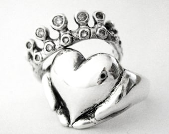 Rockabilly Claddagh Wedding Set - New - Sterling Silver and Diamonds - Engagement Ring and Wedding Band- Gifts For Her - Rickson  97&98