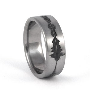 May include: A silver titanium ring with a sound wave design engraved on the band.
