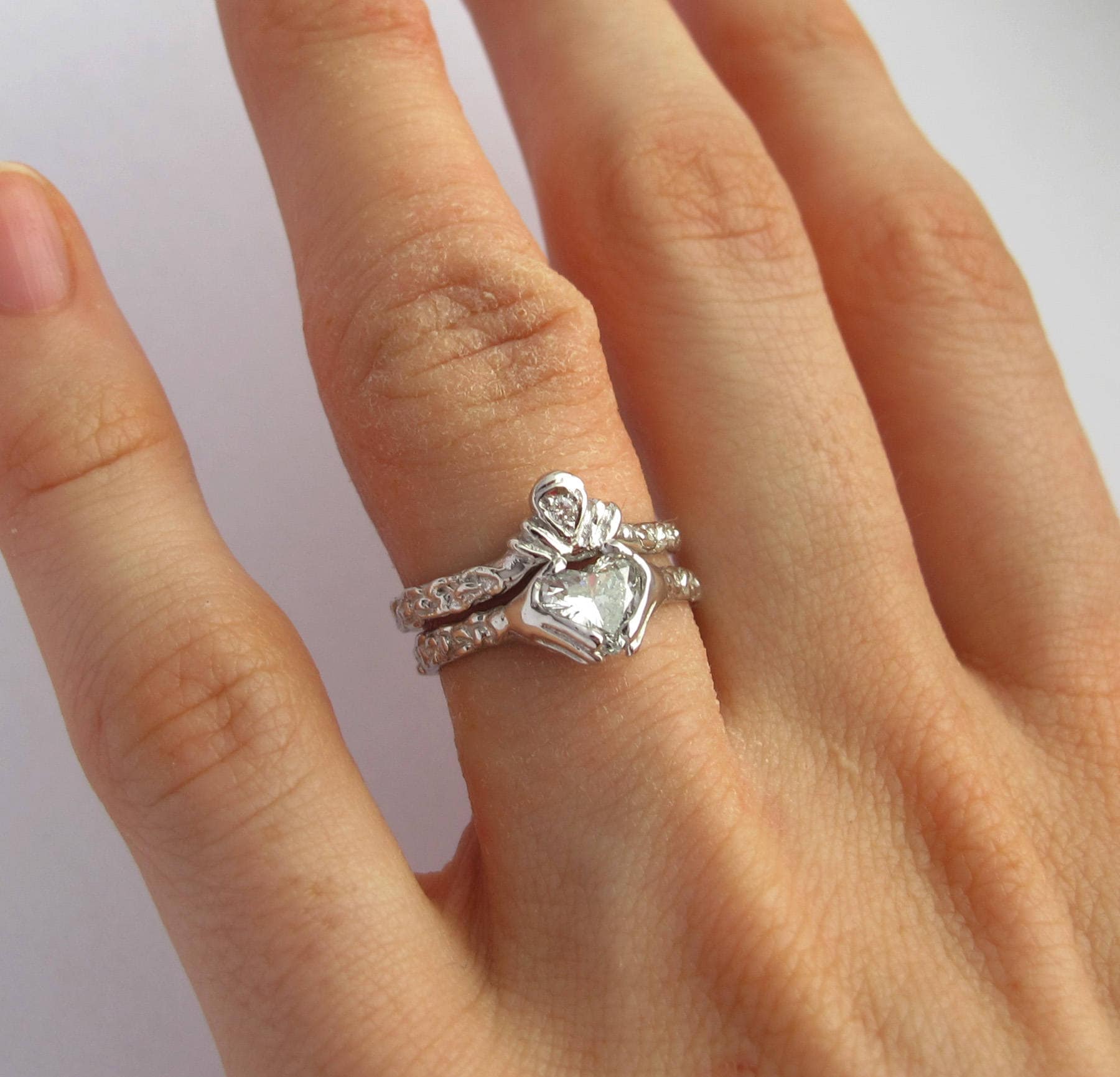 Claddagh Wedding Engagement Ring Set, Silver Claddagh