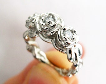 Silver Rose Ring Bouquet - Sterling Silver and Custom Cubic Zerconia Stones - MTO - Personalize - Romantic - Gift For Her -Rickson  119a