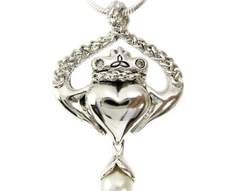 Pearl and Diamond Claddagh Pendant - Triquetra Trinity Celtic Love knot Circle Necklace Irish Jewelry Wedding Anniversary Meaningful Gift 13