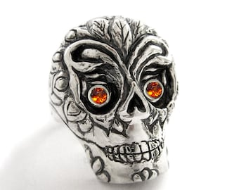 Sugar Skull Ring for Men Women Day of the Dead Santa Muerte Day of the dead Gothic Biker Ring Vintage Mexican Skull Ring Rickson Jewelry 55