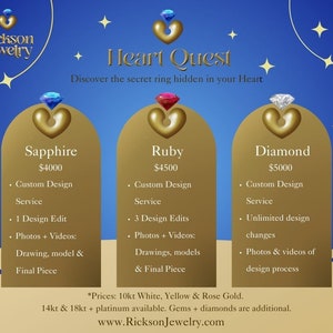 Pu&ograve; includere: Una grafica che mostra tre diversi design di anelli con prezzi e descrizioni. I design sono per un anello di zaffiro, rubino e diamante. La grafica ha un tema a forma di cuore e il testo "Heart Quest" in alto.