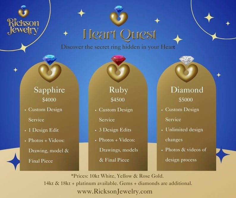 Pu&ograve; includere: Una grafica che mostra tre diversi design di anelli con prezzi e descrizioni. I design sono per un anello di zaffiro, rubino e diamante. La grafica ha un tema a forma di cuore e il testo "Heart Quest" in alto.