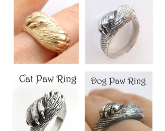 Paw to Paw Ring Cat Dog Wolf Rabbit Paws Sterling Cat Ring Dog Paw Jewelry Handmade Animal Pet lover person gift D 111, C 56cm W 112, R 83