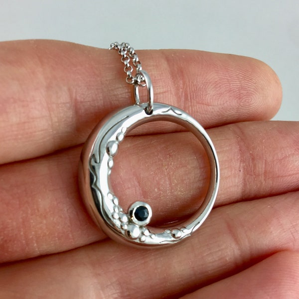 Ocean Moon Beauty Crescent Moon Celestial Astronomy tiny Sapphire Tarot Pagan Magical Wizard fantasy jewelry Sterling Silver White Gold H1