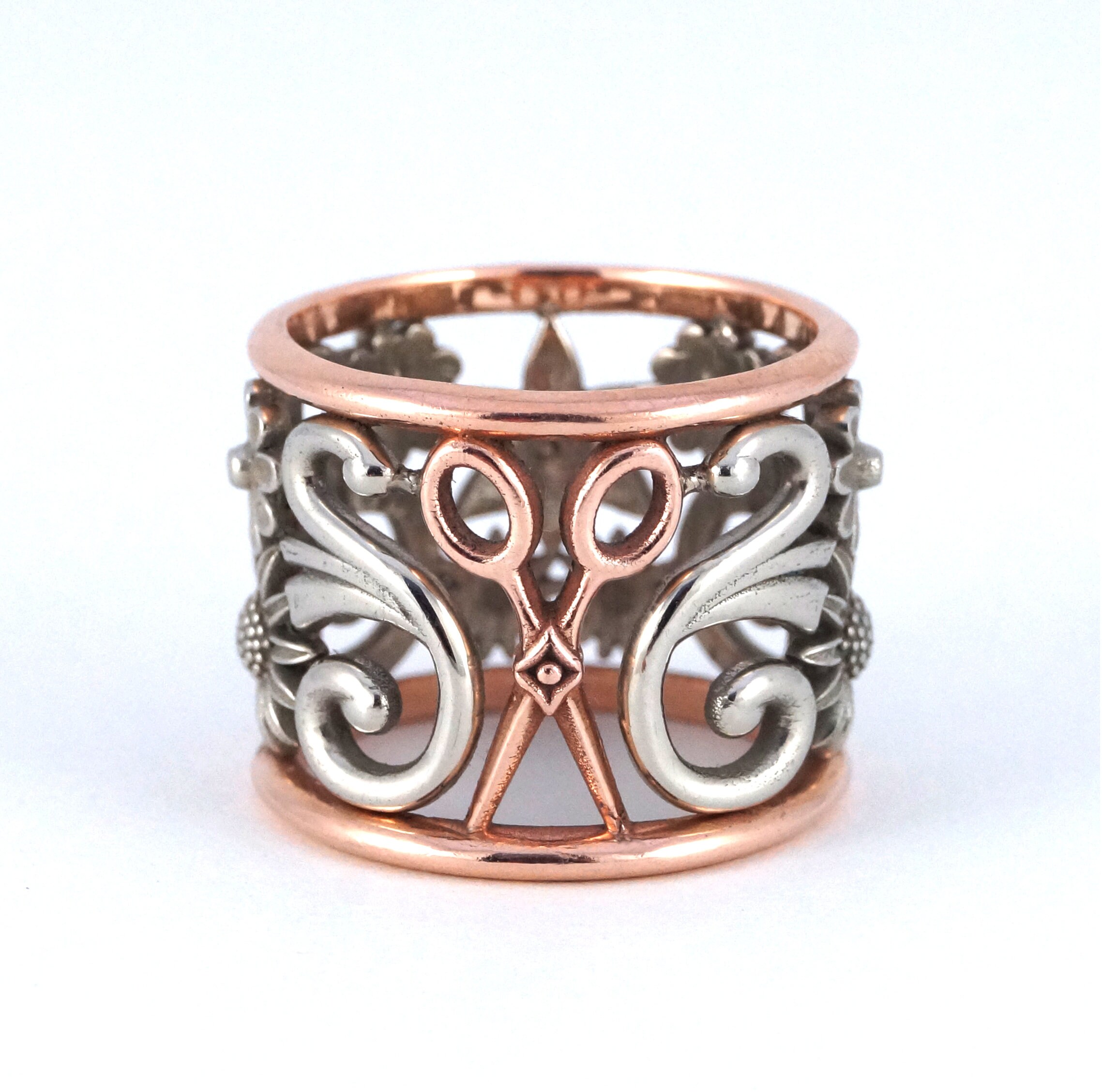 Scissors Ring Custom Flowers Hair Stylist Two Tone Filigree Silver